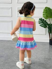 Young Girl Casual & Home Cute Rainbow Striped Button Front Sleeveless Ruffle Hem A-Line Polo Dress - Multicolor - View 5