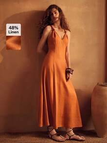 MOTF PREMIUM WOMEN'S LINEN BEADED BACKLESS VACATION DRESS - Orange - View 7