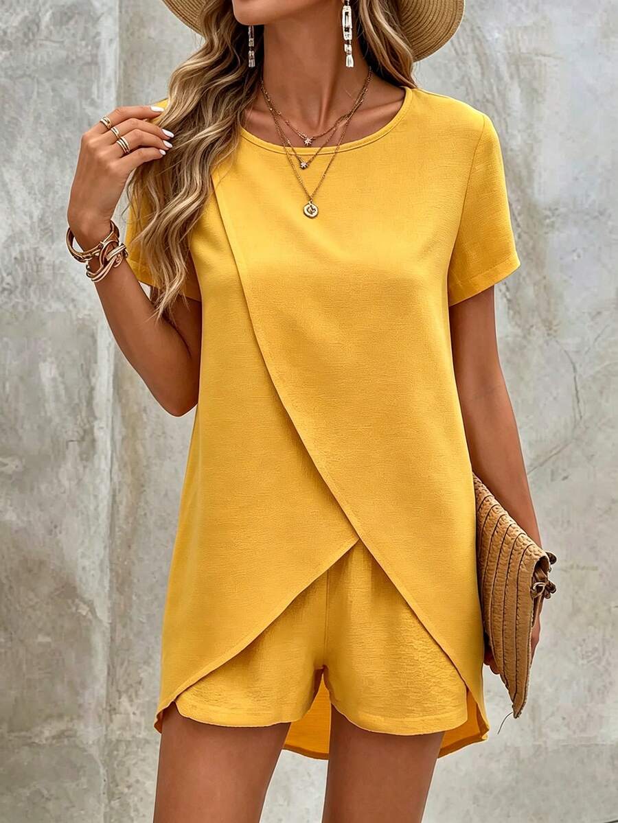 EMERY ROSE Women's Vacation Casual Solid Color Wrap Top And Shorts 2 Pieces Set - Yellow - View 1
