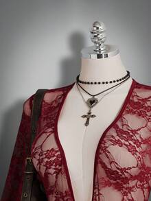 SHEIN ICON Blusa de manga de campana con encaje para mujer de talla grande - Morado - Ver 6