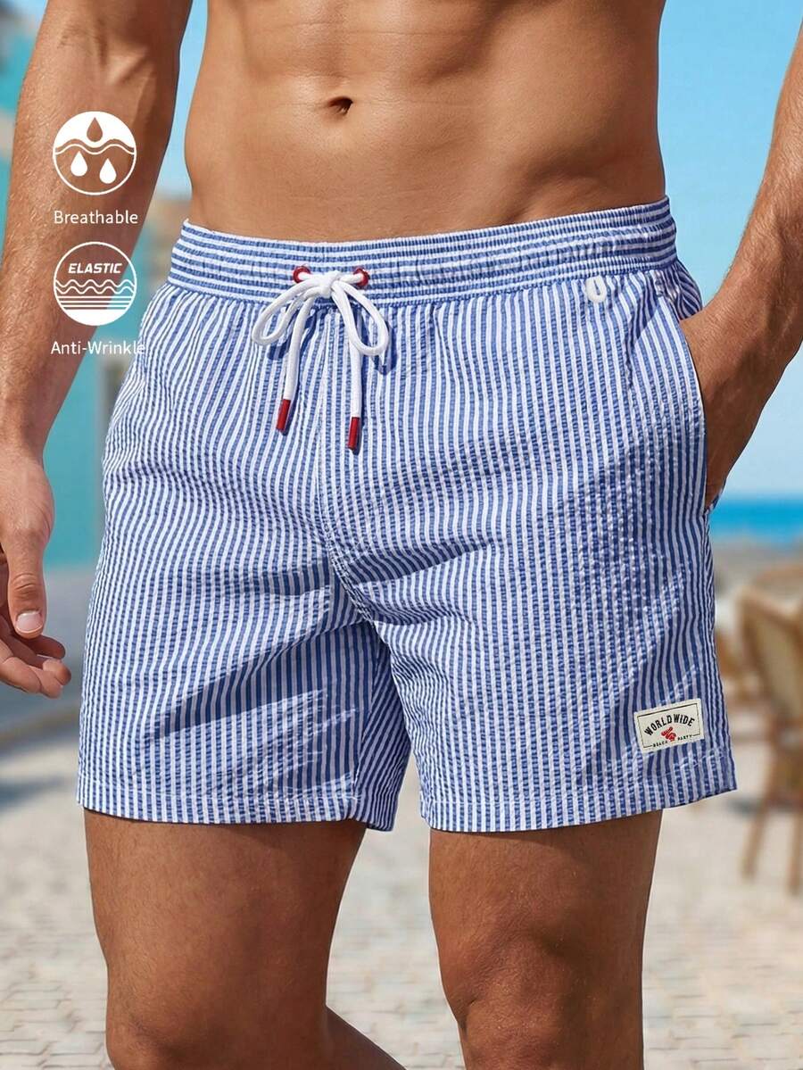 Manfinity KASUA Men's Elastic Waist Drawstring Pocket Striped Loose Beach Pants, Holiday - Royal Blue - View 1