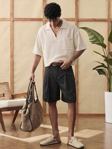 SWAVVY Camisa polo casual de hombre de unicolor con cuello y bolsillo, para verano - Albaricoque - Ver 4