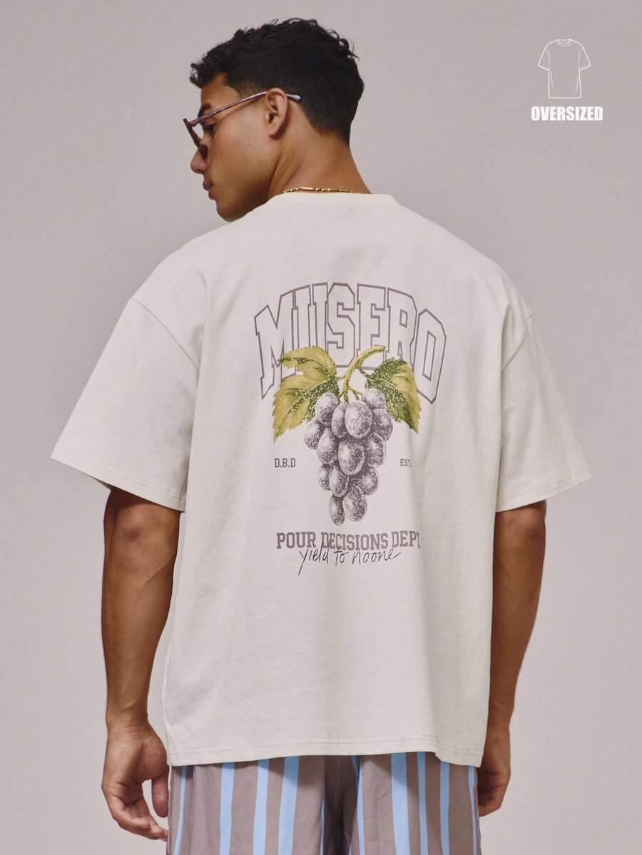 Musero Oversized Crew Neck Short Sleeve Dropped Shoulder Graphic Print Top Front Branded Print Patch Tshirt Spring Summer Holiday Essentials - Camel - View 1