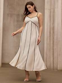 Flouryn Plus Size Women's Summer Colorblock Elegant Camisole Dress, Suitable For Party Occasions - Apricot - View 5