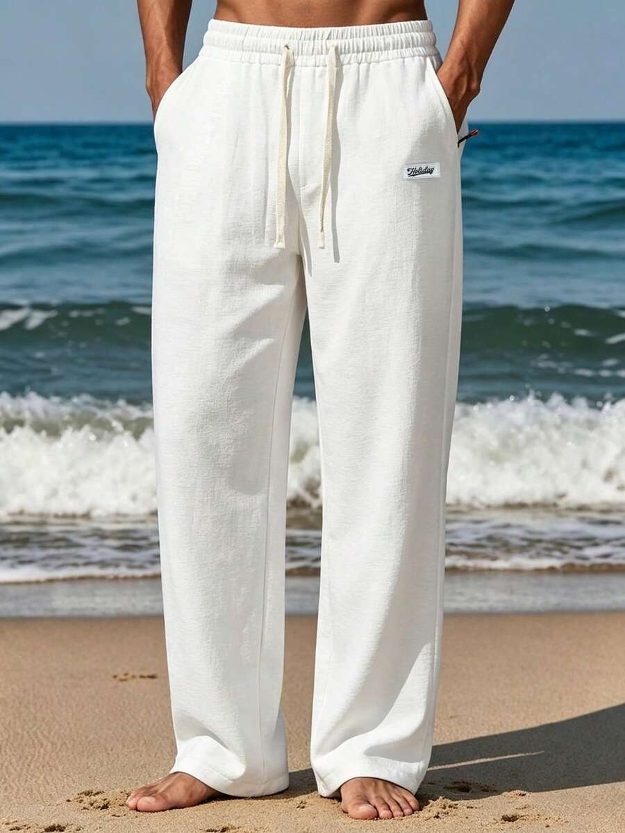 VIVINTIMO Pantalones casuales versátiles de uso diario con cintura con cordón y bolsillos para hombres - Blanco - Ver 1