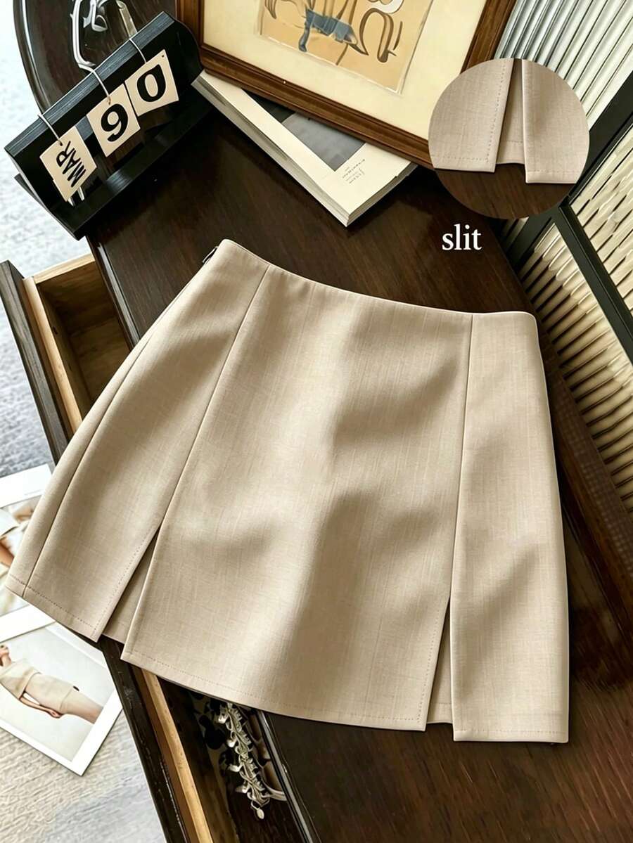 Franclia Falda mini de talle bajo versátil y casual con abertura en el bajo, adecuada para primavera, verano, otoño e invierno - Caqui - Ver 1