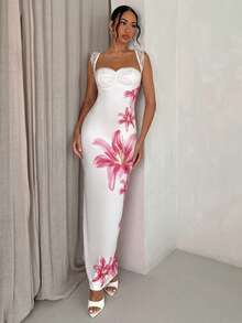 Glamine 新款度假风简约时尚百搭优雅百合花修身无肩带连衣裙 - 彩色 - 查看 1