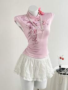 Elamini Retro Chinese Style Printed Stand Collar Button Slim Fit Summer T-Shirt For Women - Pink - View 3