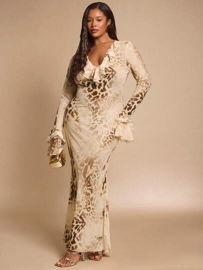 SHEIN BAE Plus Size Women Leopard Print Long Sleeve Dress