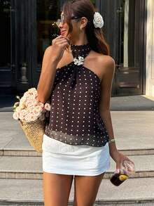 DAZY 女士休闲波点印花露背吊带背心，夏季 - 咖啡棕 - 查看 5