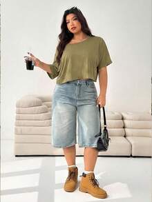 Solflare 大码女式夏季休闲度假日常通勤纯色不对称领蝙蝠袖宽松半透明T恤 - 軍綠色 - 查看 6