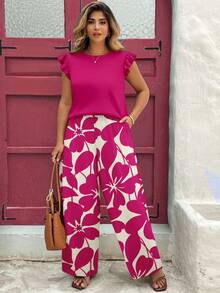 SHEIN Frenchy Bộ đồ 2 món cỡ lớn, phong cách tối giản thường ngày, in họa tiết hoa màu hồng cánh sen, thích hợp cho mùa xuân/hè. - Nhiều màu - Xem 3