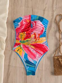 Swim Chiccia 女士纯色褶皱抹胸连体泳衣，沙滩夏季服装 - 彩色 - 查看 3