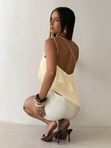 Aloruh 春夏新款优雅浪漫约会之夜情人节婚礼季粉色雪纺单肩露背层叠荷叶边上衣，性感沙滩荷叶边上衣，婚礼服，优雅浪漫粉色衬衫 - 米色 - 查看 8