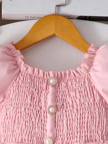 Glamorique Kids Đầm lưới tay cánh hoa đính cúc ngọc trai thanh lịch cho bé gái, chân váy xếp ly, thích hợp cho tiệc sinh nhật, mặc hàng ngày, mùa xuân/hè. - Hồng - Xem 9