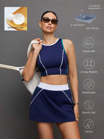 Activina Women's Collar Neck Camisole And Contrast Color Skirt Tennis Outfit Two Piece  Sporty Dresses Athletic Wear Two Piece Tennis Skirt Set Two Piece Set  All Seasons Summer Spring Fall Winter Ralphlauren