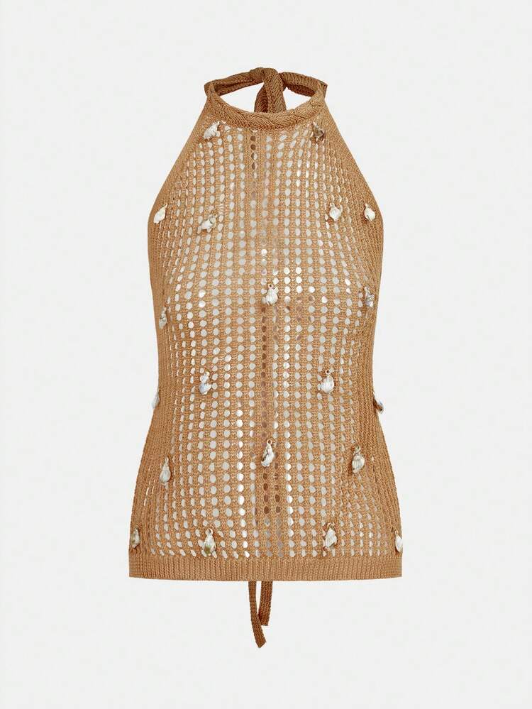 SHEIN Maija Women's Hollow Out Shell Decor Knitted Halter Neck Cover Up