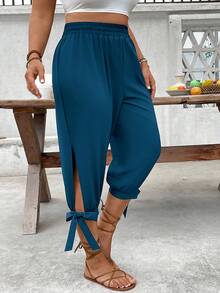 SHEIN CURVE+ Plus Size High Waist Drawstring 7/8 Pants, Spring/Summer - Blue - View 6