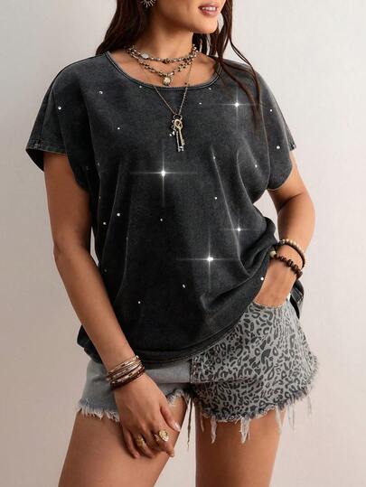 Freevana Women's Plus Size Round Neck Short Sleeve Loose Solid Dark Gray Cotton Rhinestone Glitter Elegant Casual T-Shirt Top, Spring/Summer Casual Loose-Fitting T-Shirt, Stretchy And Comfortable, Washed Grey, Dark Grey Top, Short-Sleeved Casual T-Shirt, Women's Outdoor Wear, Rhinestone Hot Stamping, Sparkly Fabric.