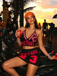 Gowayae Gowayae 女士露背吊带蝴蝶结吊带背心+印花T恤+修身半裙两件套，性感优雅度假装，夏季；女士休闲上衣+半裙两件套，黑色，度假/假日装；女士休闲上衣，运动迷装，足球啦啦队服，大胆夏季两件套，黑色 - 彩色 - 查看 3