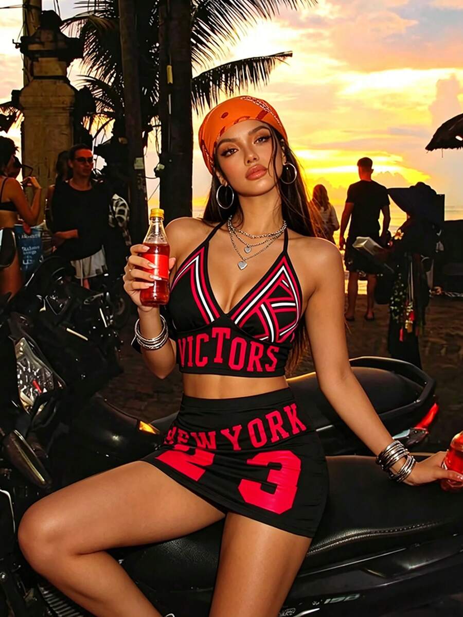 Gowayae Gowayae 女士露背吊带蝴蝶结吊带背心+印花T恤+修身半裙两件套，性感优雅度假装，夏季；女士休闲上衣+半裙两件套，黑色，度假/假日装；女士休闲上衣，运动迷装，足球啦啦队服，大胆夏季两件套，黑色 - 彩色 - 查看 1