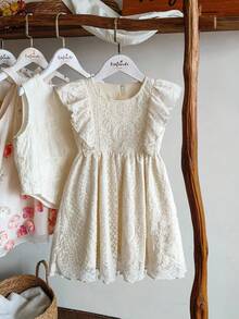 SHEIN Vintaside Kids 女童杏色甜美梦幻无袖双层网纱连衣裙，圆领设计，活泼可爱，轻盈飘逸，适合外出、拍照、生日派对展现公主风，居家休闲舒适又时尚 - 杏色 - 查看 6