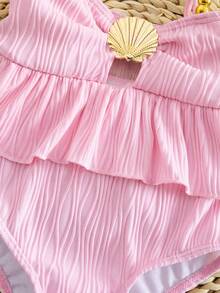 SHEIN Holiday Baby Girl One-Piece Swimsuit,Cute Polyester Ruffle Trim Swimwear With Seashell,Fashionable Frilled Monokini Bathing Suit For Young Girls - Coral Pink - View 4