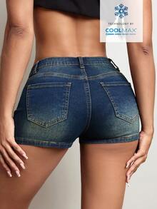 SHEIN Jeanoir Quần short denim nữ dáng ôm, đa năng, có túi. - Rửa tối - Xem 3