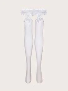Romantic Overload! Crystal Vow White Lace Thigh-High Fishnet Stockings, Lace Bow + Fishnet Texture, Suitable For Wedding/Honeymoon Highlight Outfit - White - View 1