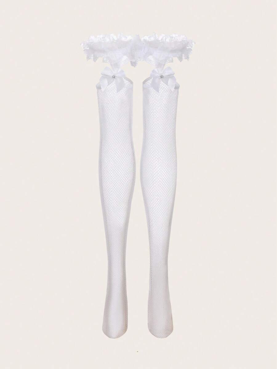 Romantic Overload! Crystal Vow White Lace Thigh-High Fishnet Stockings, Lace Bow + Fishnet Texture, Suitable For Wedding/Honeymoon Highlight Outfit - White - View 1