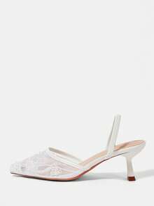 CUCCOO HITCHD 女款四季珍珠串珠刺繡網元素尖頭細高跟鞋 氣質時尚性感 Slingback 綁帶穆勒鞋 露跟高跟涼鞋 婚禮下午茶派對情人節伴娘新娘婚鞋 優雅穿搭 - 白色A - 查看 2