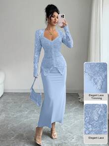 Modelyn Lace Patchwork Collared Button Waist Fitted Midi Dress For Women - Blue - View 4