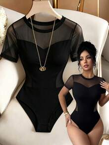 Elenzga 女士优雅黑色网纱拼接圆领短袖修身连体衣，春夏款 - 黑色 - 查看 3