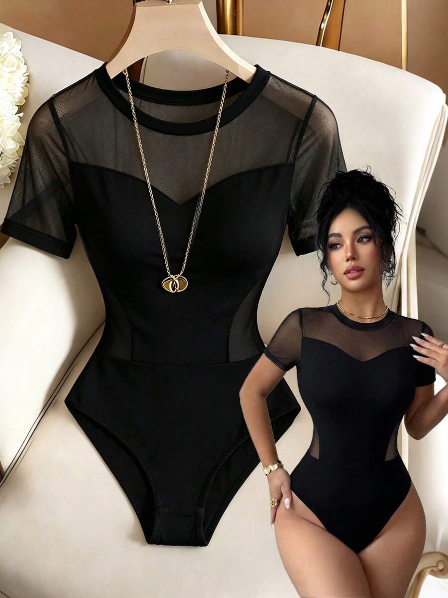 Elenzga 女士优雅黑色网纱拼接圆领短袖修身连体衣，春夏款 - 黑色 - 查看 1