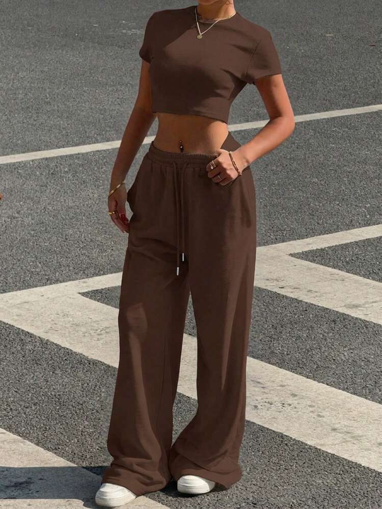 SHEIN EZwear Chocolate Brown Cropped T-Shirt And Pants 2 Pieces Set For Women - Chocolate Brown - View 6