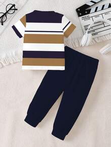 Souflis Souflis 2pcs/Set Young Boy Casual Striped & Logo Print Short Sleeve T-Shirt Top Paired With Solid Color Pants, Suitable For Outdoor Wear In Summer - Multicolor - View 2