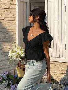 Women's Solid Color Deep V-Neck Casual Versatile Daily Wear T-Shirt - Black - View 5