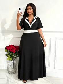 Villa Velisse Plus Size Women's Black And White Contrast Color Knit Collared Short Sleeve Waist Cinched A-Line Loose Casual Elegant Formal Summer Dress For Work - Black and White - View 7