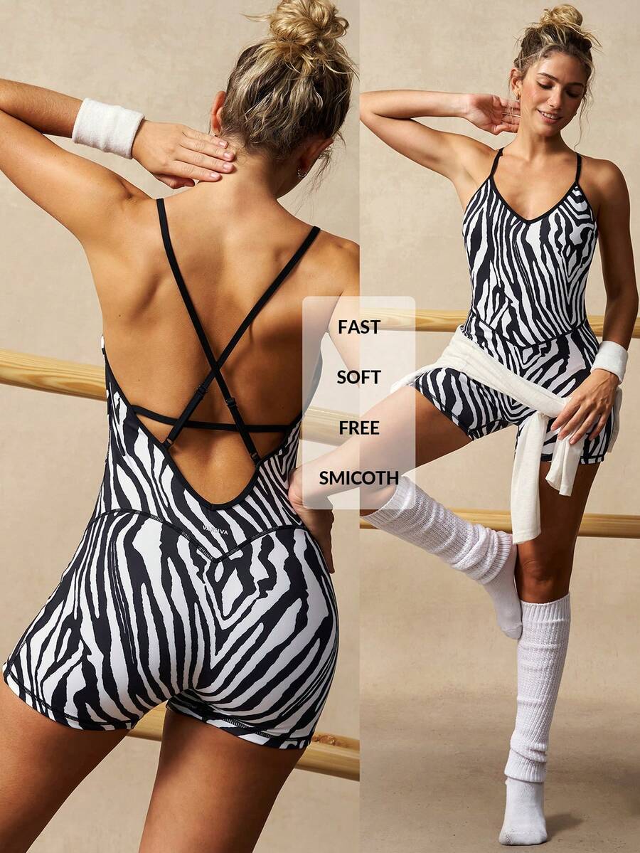 VARSIVA Women's Summer Zebra Print Criss-Cross Backless Shapewear Sports Jumpsuit