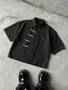 Polyester Blend Crinkle Red Bear Short Sleeve Asymmetric Shirt - Black - View 1