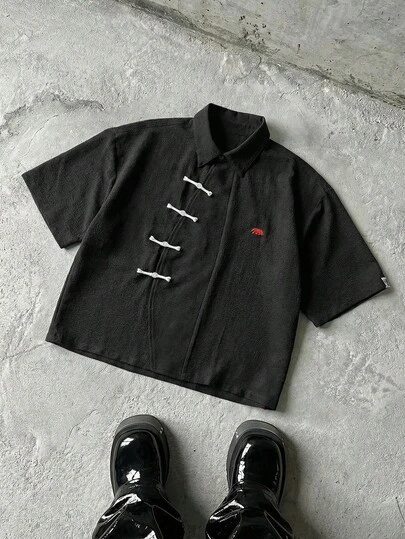 NEON BLANC Polyester Blend Crinkle Red Bear Short Sleeve Asymmetric Shirt