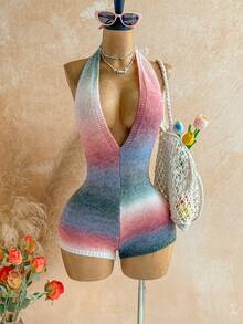 Soleia Women's Ombre Deep V-Neck Sexy Halter Knit Romper - Multicolor - View 7