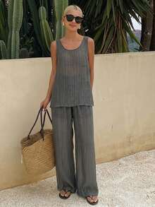 Livesso Summer Hollow Textured Sleeveless Tank Top Loose Straight Leg Pants Set, Grey, Casual, Vacation, Holiday, Elegant Business Office Outfit, Beach Wear - Dark Grey - View 1