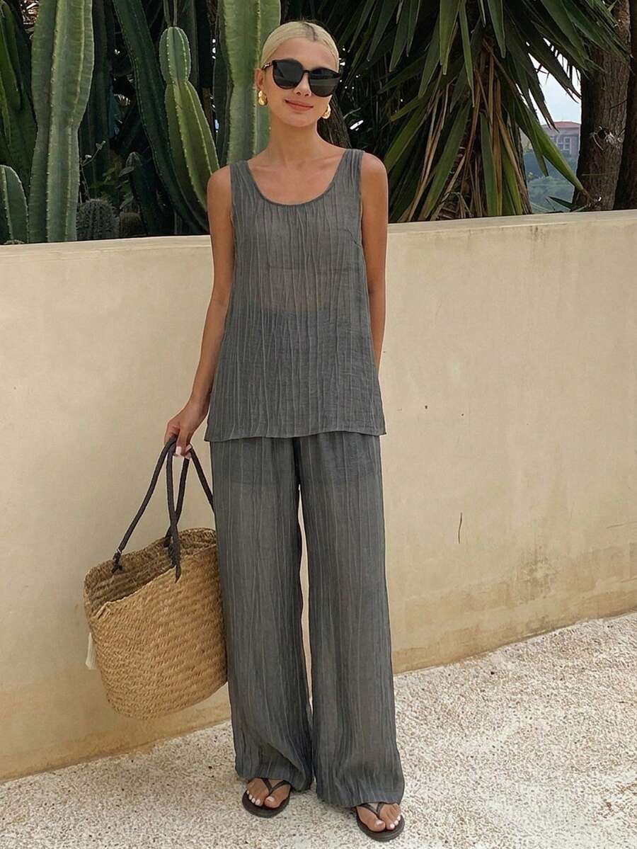 Livesso Summer Hollow Textured Sleeveless Tank Top Loose Straight Leg Pants Set, Grey, Casual, Vacation, Holiday, Elegant Business Office Outfit, Beach Wear - Dark Grey - View 1