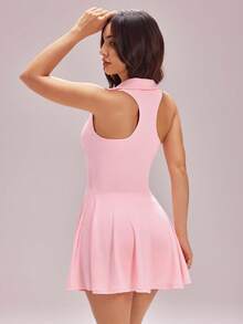 Sovereign Charm Women's Sleeveless Polo Collar Fitted Light Pink Tennis Dress,Summer Cute Golf Workout Clothes With Phone Pocket Shorts,Slim Fit Casual Sports Dress - Pink - View 2