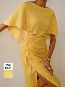 ZEYLAH Elegant Solid Color Side Cinched Waist Slit Dress - Yellow - View 1
