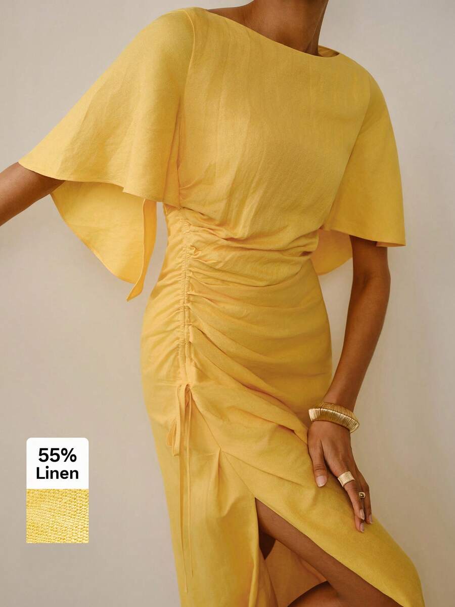 ZEYLAH Elegant Solid Color Side Cinched Waist Slit Dress - Yellow - View 1