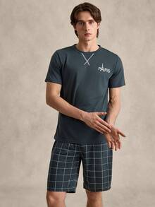 EverLounge Men Letter Graphic Tee & Plaid Shorts PJ Set / Pajama Set - Dark Green - View 3
