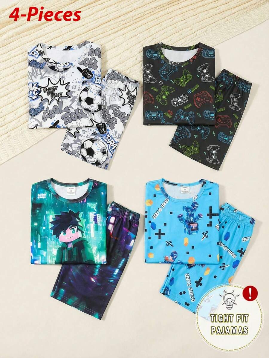 青少年男孩舒适像素游戏印花圆领短袖T恤和短裤睡衣套装，夏季 - 彩色 - 查看 1