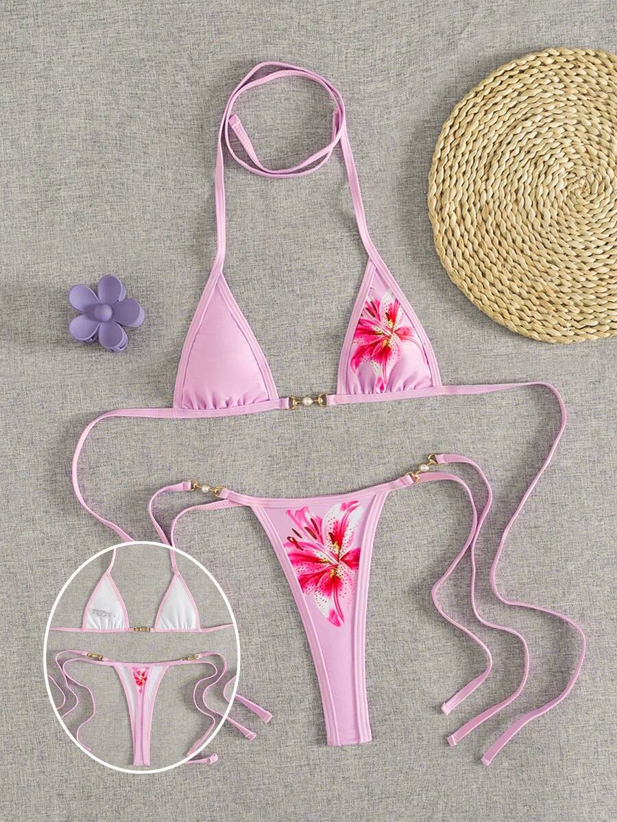 Swim Vcay 2pcs Women's New Floral Print Spaghetti Strap Backless Micro Triangle Top And Thong Sexy Bikini Set Set - Pink - View 1